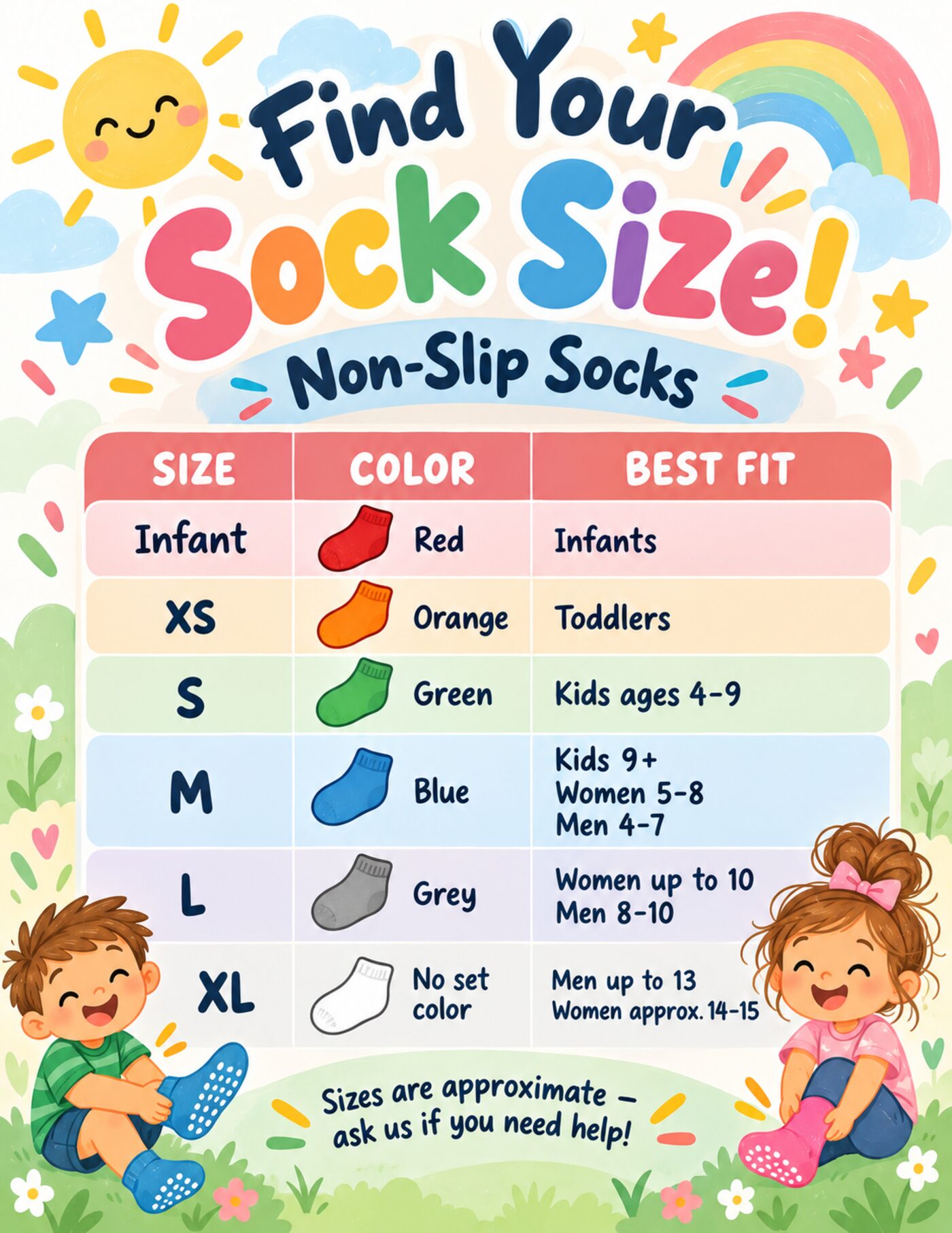 Find your sock size chart for non-slip socks
